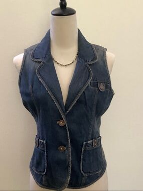 Dkny Dark Blue Denim Tailored Vest with Frayed Trim
